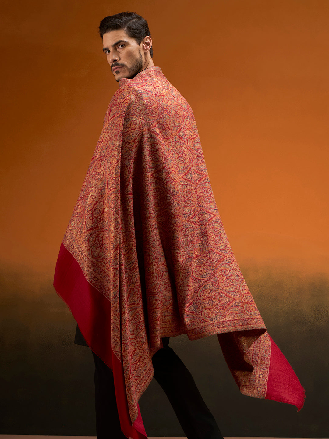 Pashmoda Men Regalis Reversible Kaani Zari Shawl, Rich All-Over Zari Woven Design, Authentic Kashmiri Pashmina Style Wrap, Medium Gents Lohi, Gift Box Packed, Maroon Colour (40 x 80 Inches)