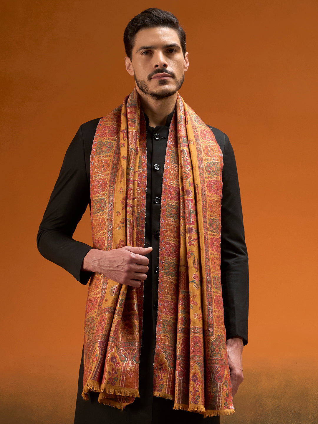 Pashmoda Men Gulrukh Reversible Kaani Zari Shawl, Rich All-Over Zari Woven Design, Authentic Kashmiri Pashmina Style Wrap, Medium Gents Lohi, Gift Box Packed, Mustard Colour (40 x 80 Inches)