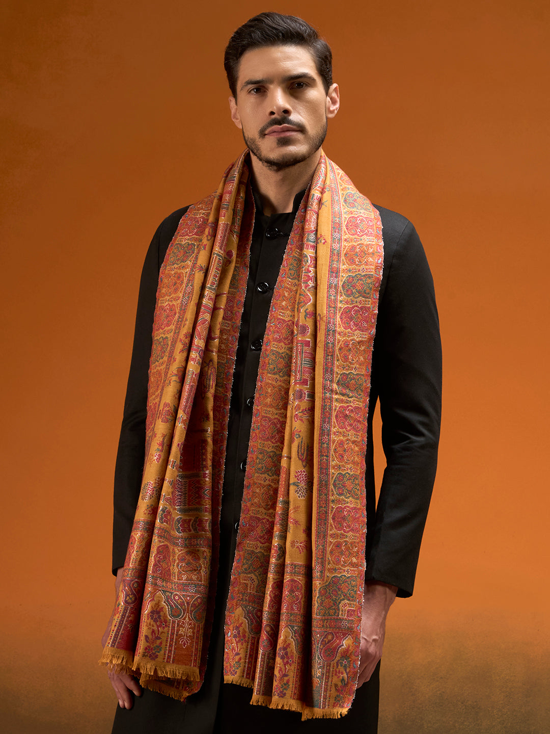 Pashmoda Men Gulrukh Reversible Kaani Zari Shawl, Rich All-Over Zari Woven Design, Authentic Kashmiri Pashmina Style Wrap, Medium Gents Lohi, Gift Box Packed, Mustard Colour (40 x 80 Inches)