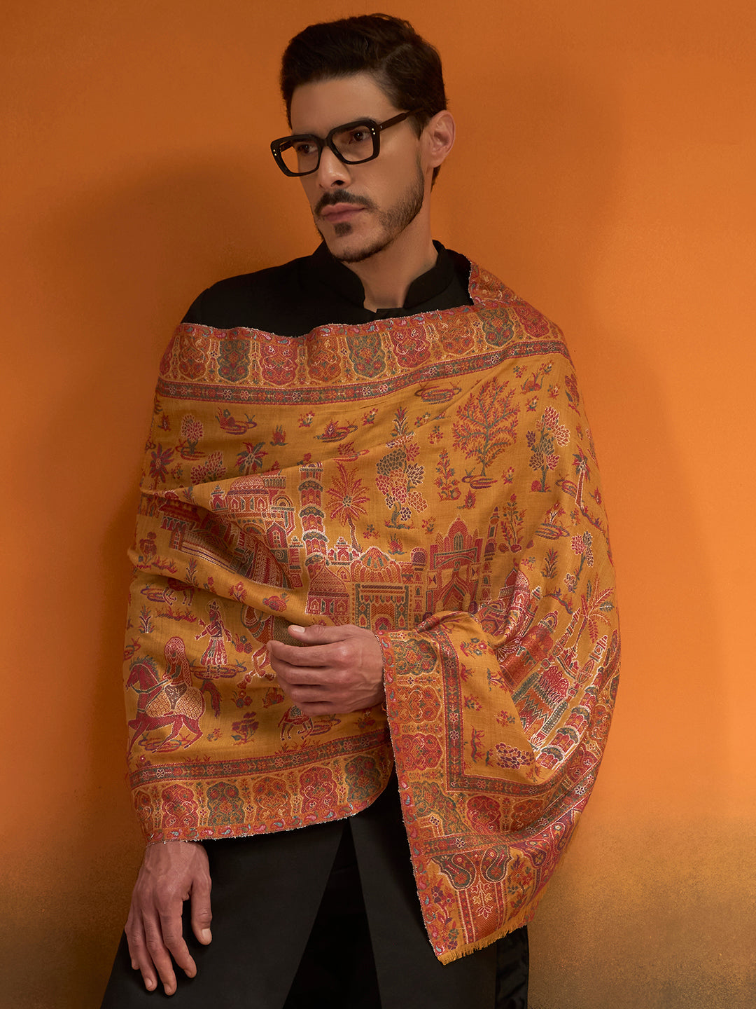 Pashmoda Men Gulrukh Reversible Kaani Zari Shawl, Rich All-Over Zari Woven Design, Authentic Kashmiri Pashmina Style Wrap, Medium Gents Lohi, Gift Box Packed, Mustard Colour (40 x 80 Inches)