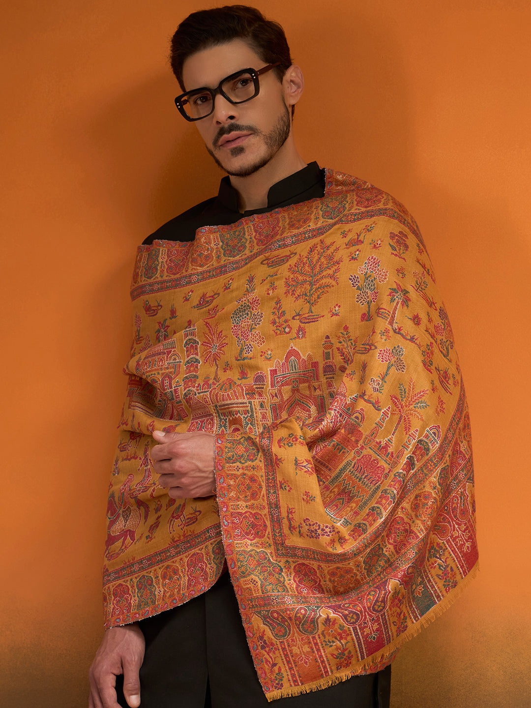 Pashmoda Men Gulrukh Reversible Kaani Zari Shawl, Rich All-Over Zari Woven Design, Authentic Kashmiri Pashmina Style Wrap, Medium Gents Lohi, Gift Box Packed, Mustard Colour (40 x 80 Inches)