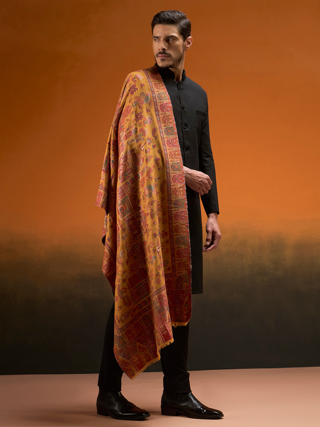Pashmoda Men Gulrukh Reversible Kaani Zari Shawl, Rich All-Over Zari Woven Design, Authentic Kashmiri Pashmina Style Wrap, Medium Gents Lohi, Gift Box Packed, Mustard Colour (40 x 80 Inches)