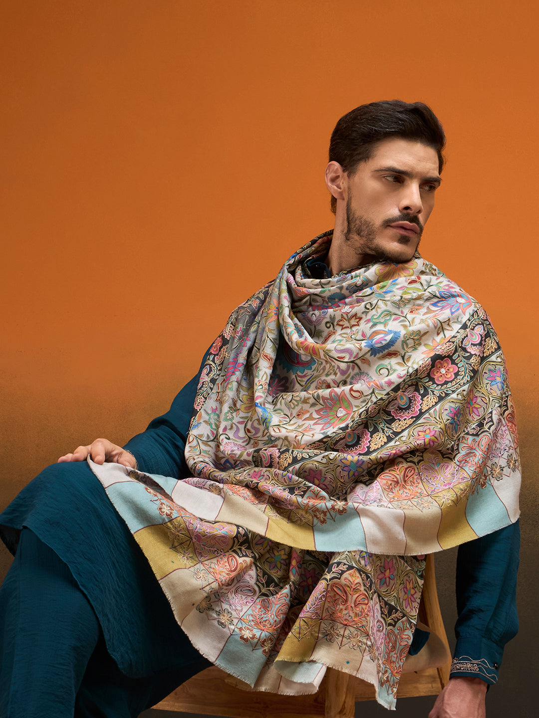 Men Twilight paisley Kalamkari Embroidered Shawl