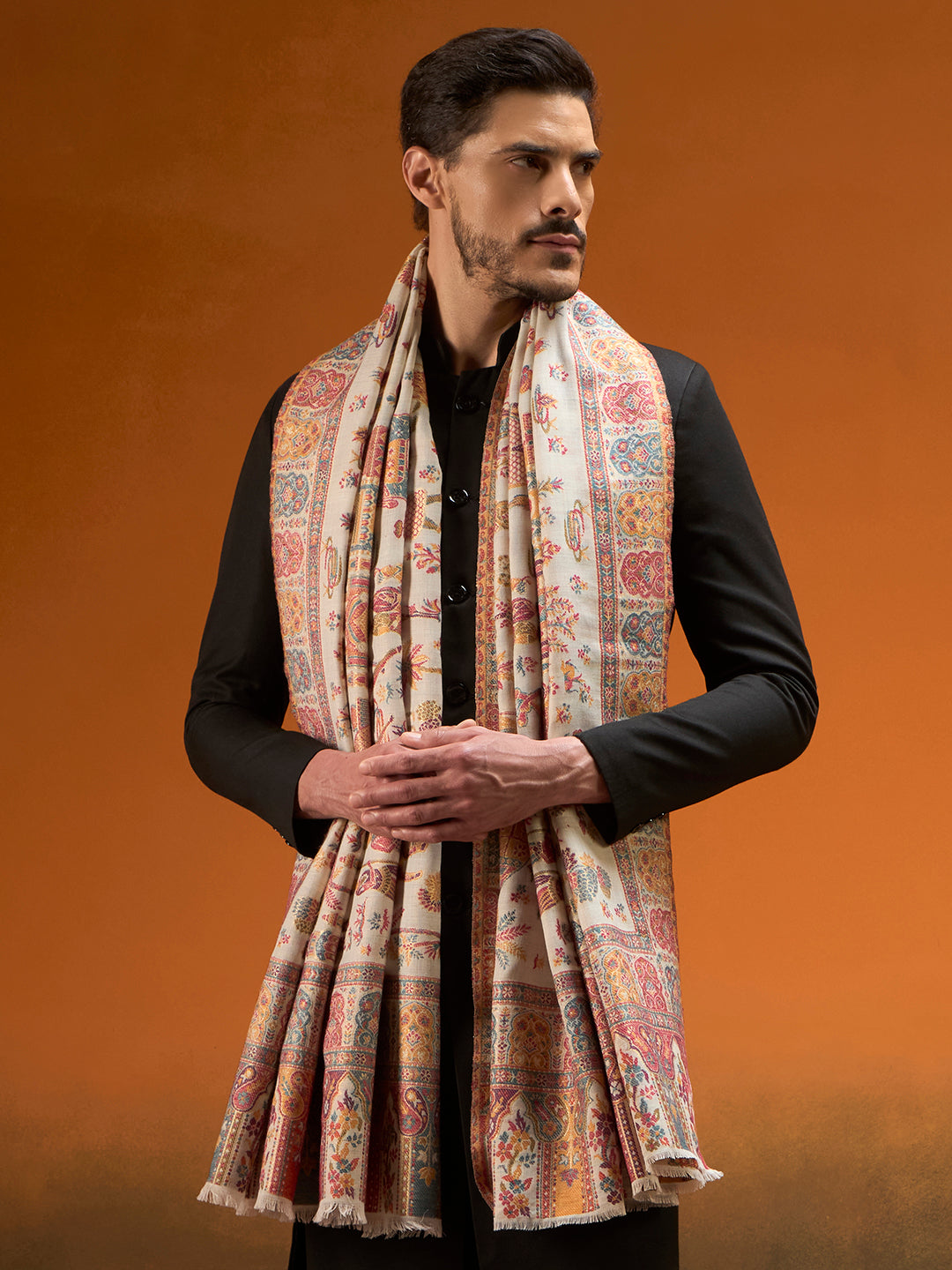 Pashmoda Men Gulrukh Reversible Kaani Zari Shawl, Rich All-Over Zari Woven Design, Authentic Kashmiri Pashmina Style Wrap, Medium Gents Lohi, Gift Box Packed, White Colour (40 x 80 Inches)