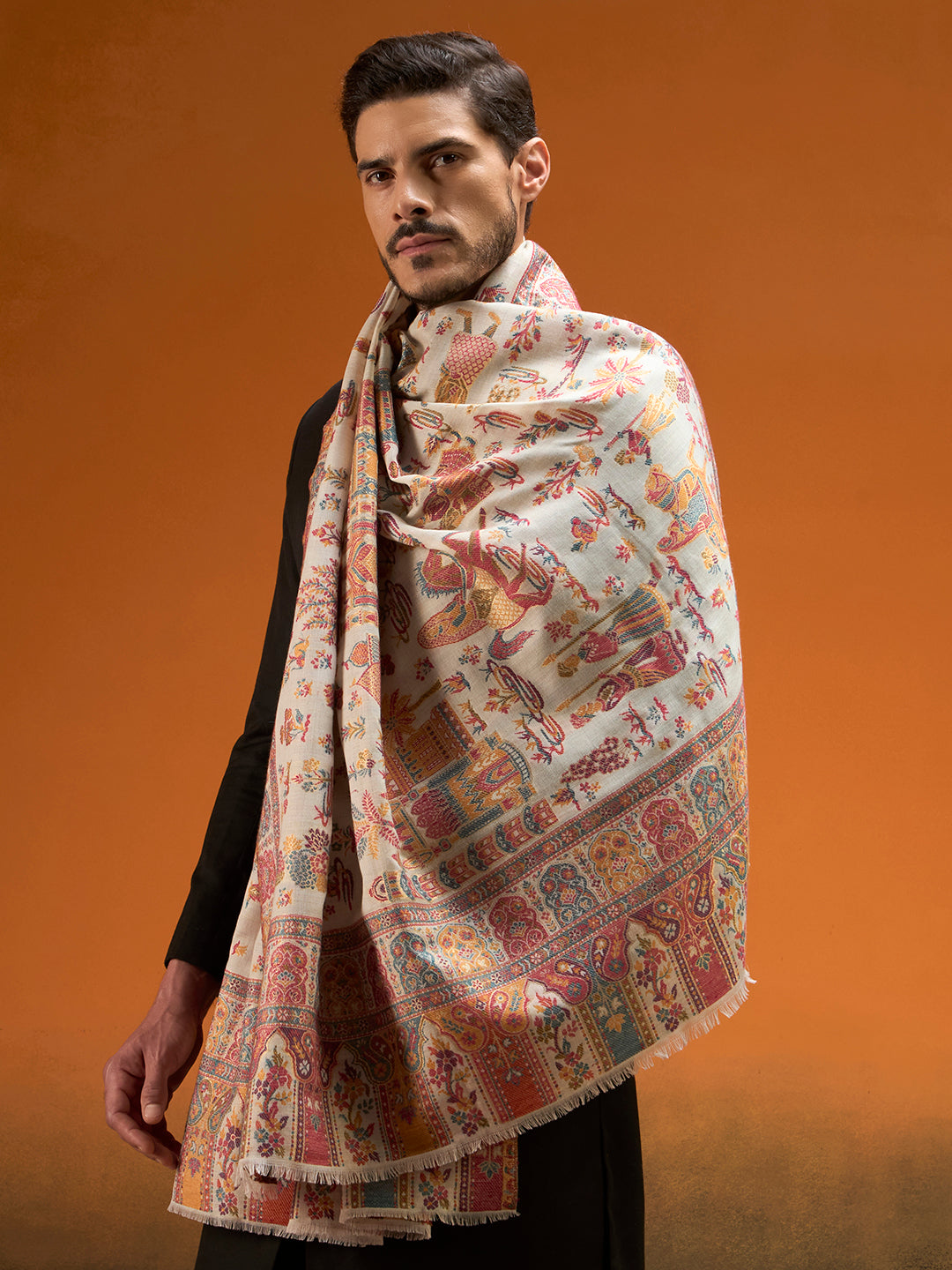 Pashmoda Men Gulrukh Reversible Kaani Zari Shawl, Rich All-Over Zari Woven Design, Authentic Kashmiri Pashmina Style Wrap, Medium Gents Lohi, Gift Box Packed, White Colour (40 x 80 Inches)