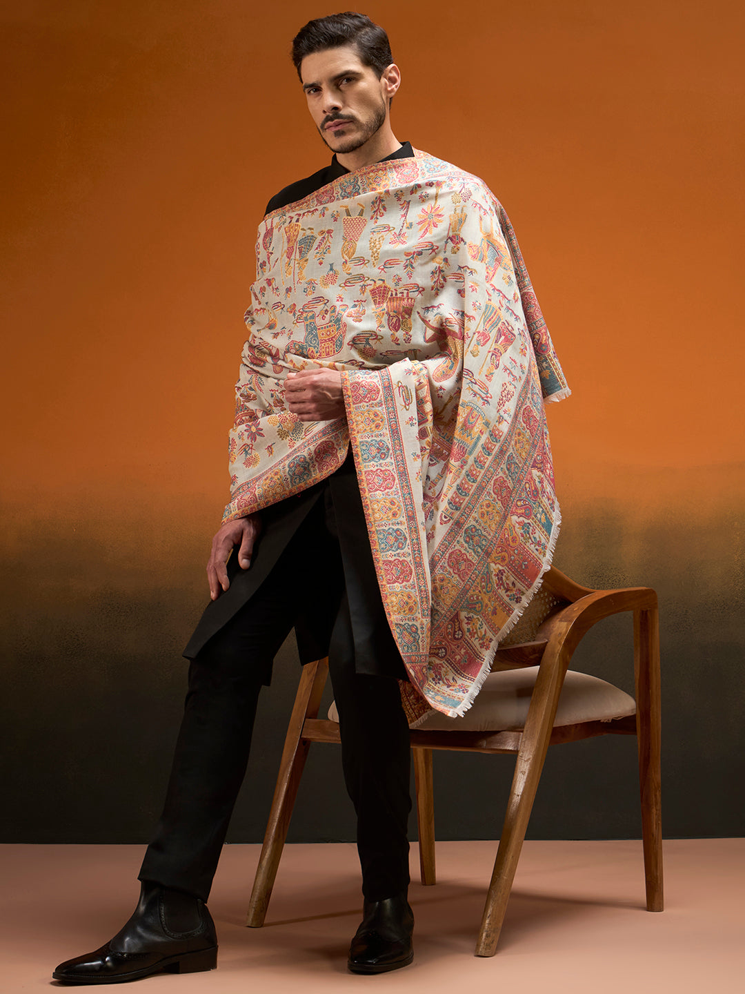 Pashmoda Men Gulrukh Reversible Kaani Zari Shawl, Rich All-Over Zari Woven Design, Authentic Kashmiri Pashmina Style Wrap, Medium Gents Lohi, Gift Box Packed, White Colour (40 x 80 Inches)