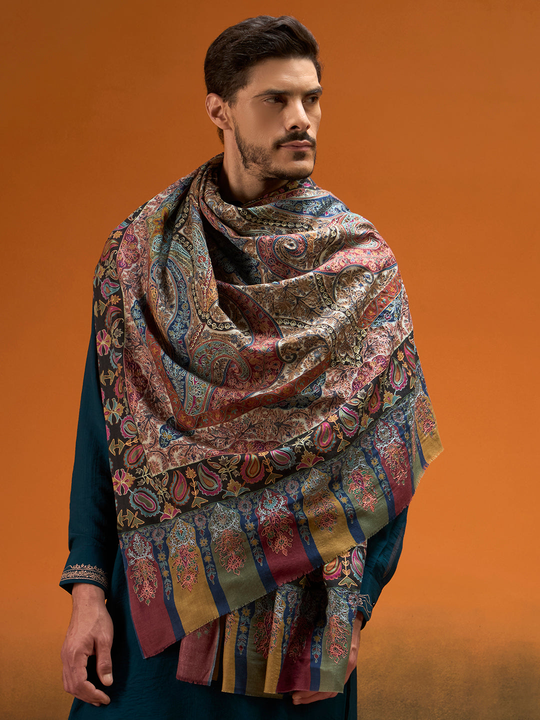 Men rangrez Fine Wool Kalamkari Embroidered Shawl