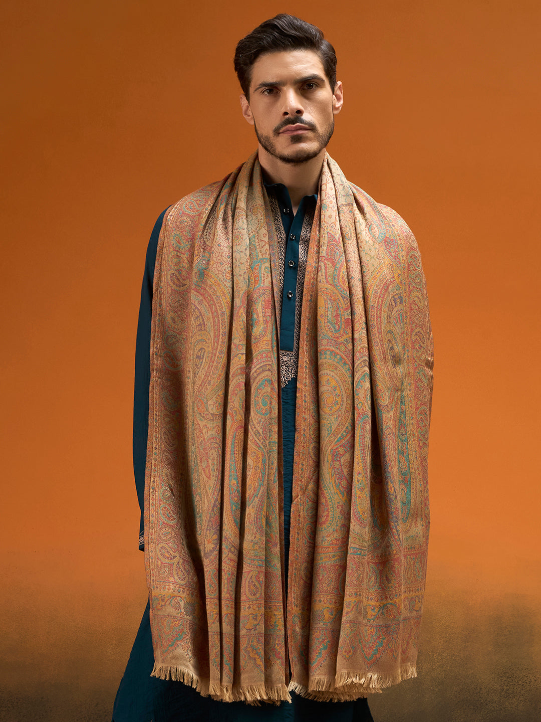 Pashmoda Men Grand Paisley Kaani Shawl, Authentic Kashmiri Pashmina Style Wrap, Medium Gents Lohi, Traditional Jamawar Woven Design, Gift Box Packed, Beige Colour (40 x 80 Inches)