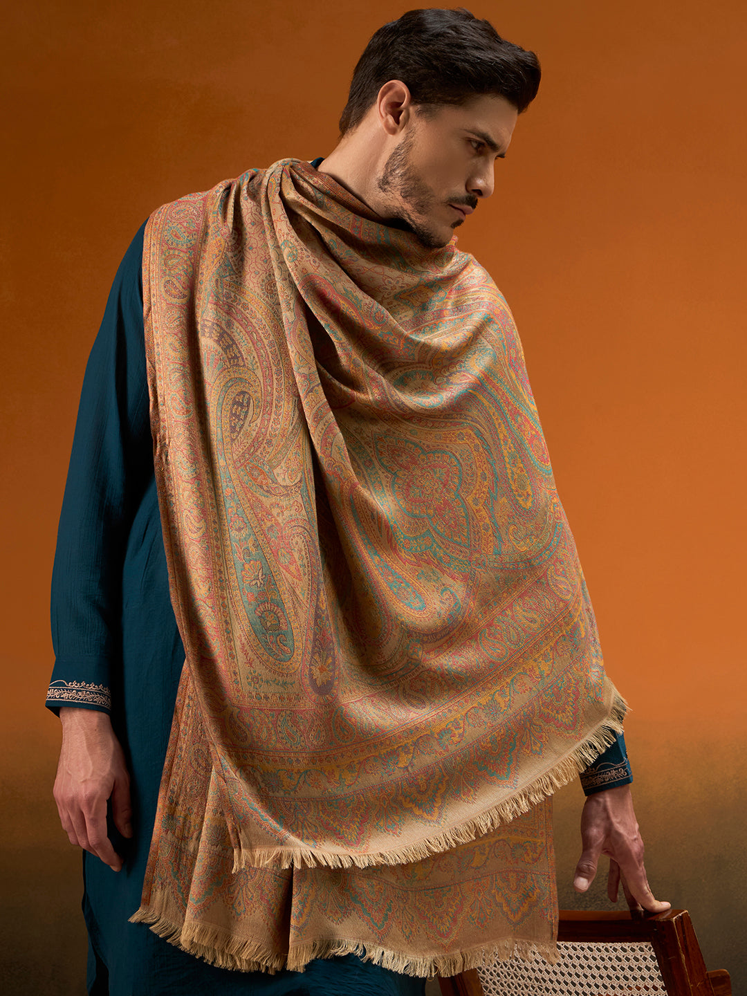 Pashmoda Men Grand Paisley Kaani Shawl, Authentic Kashmiri Pashmina Style Wrap, Medium Gents Lohi, Traditional Jamawar Woven Design, Gift Box Packed, Beige Colour (40 x 80 Inches)