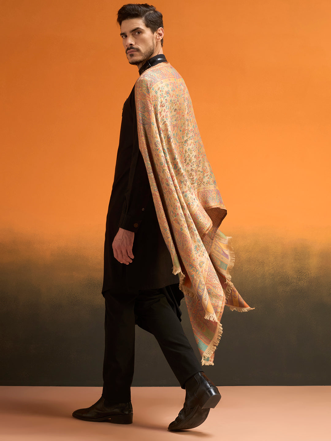 Pashmoda Men Royal botanica Kaani Stole, Authentic Kashmiri Pashmina Style Wool Shawl, Gents Lohi Wrap, Traditional Jamawar Woven Design, Beige Colour (28 x 80 Inches)