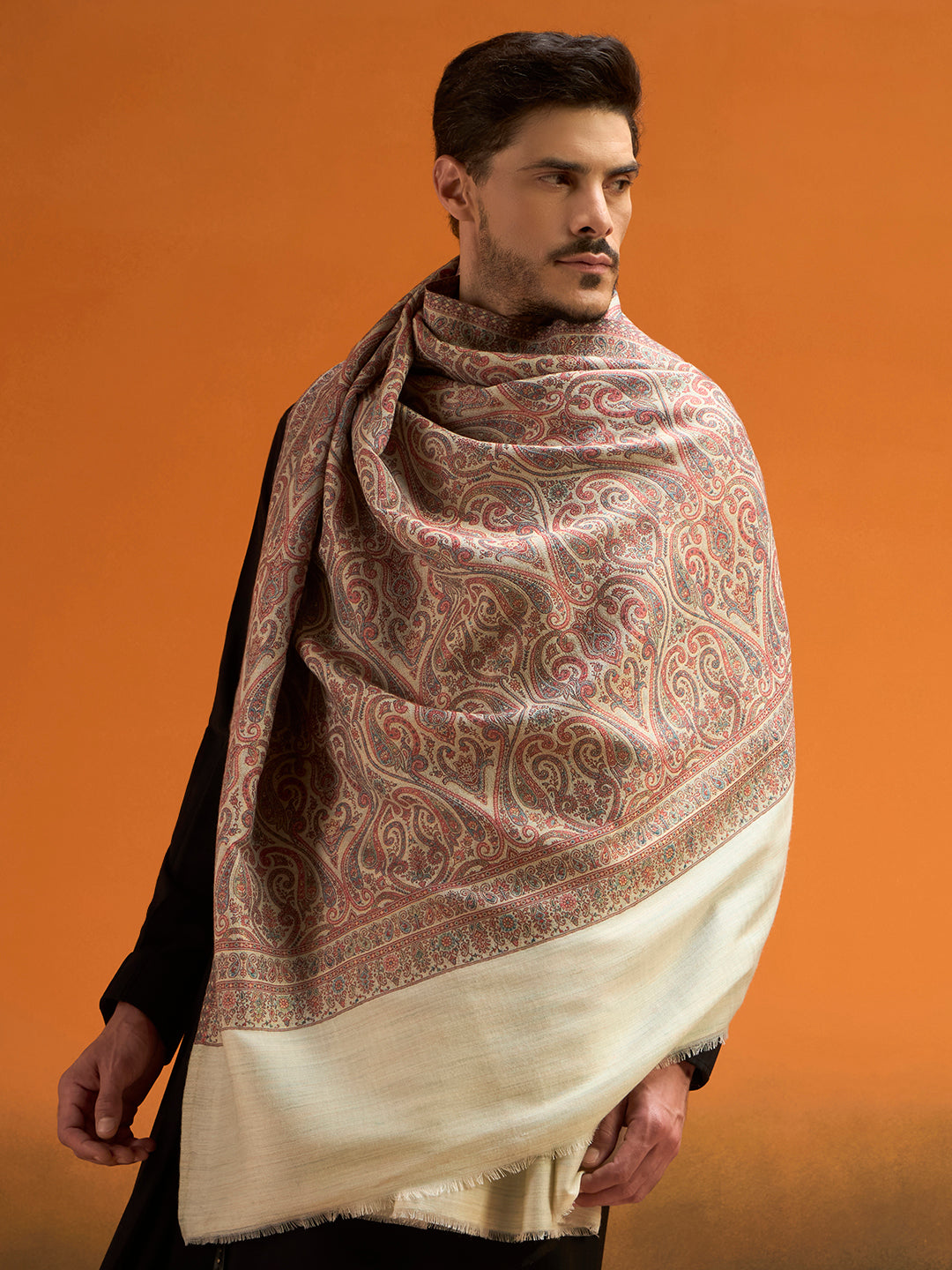 Pashmoda Men Regalis Reversible Kaani Zari Shawl, Rich All-Over Zari Woven Design, Authentic Kashmiri Pashmina Style Wrap, Medium Gents Lohi, Gift Box Packed, Mint Colour (40 x 80 Inches)