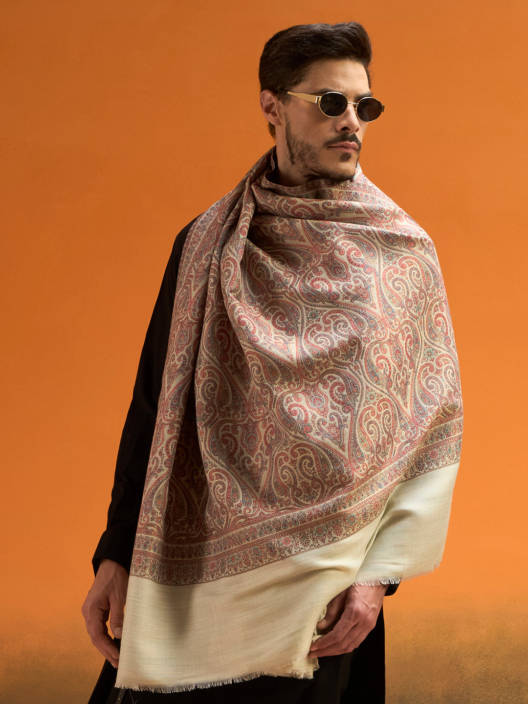 Pashmoda Men Regalis Reversible Kaani Zari Shawl, Rich All-Over Zari Woven Design, Authentic Kashmiri Pashmina Style Wrap, Medium Gents Lohi, Gift Box Packed, Mint Colour (40 x 80 Inches)