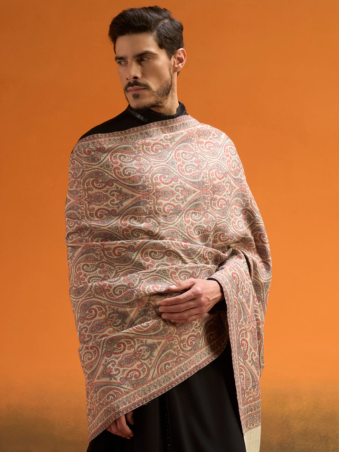 Pashmoda Men Regalis Reversible Kaani Zari Shawl, Rich All-Over Zari Woven Design, Authentic Kashmiri Pashmina Style Wrap, Medium Gents Lohi, Gift Box Packed, Mint Colour (40 x 80 Inches)