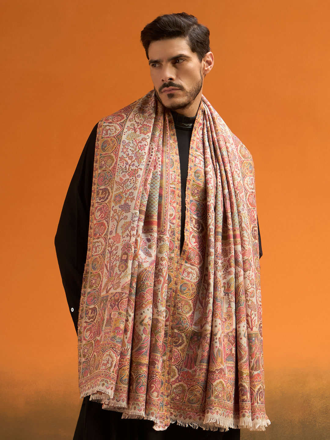 Pashmoda Men Shahi Manzar Fine Wool Kaani Shawl, Authentic Kashmiri Pashmina Style Wrap, Medium Gents Lohi, Traditional Jamawar Woven Design, Gift Box Packed, White Colour (40 x 80 Inches)