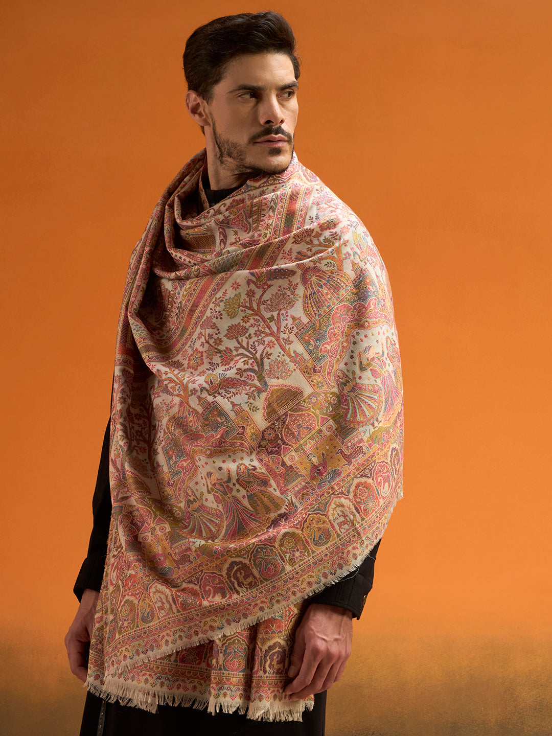 Pashmoda Men Shahi Manzar Fine Wool Kaani Shawl, Authentic Kashmiri Pashmina Style Wrap, Medium Gents Lohi, Traditional Jamawar Woven Design, Gift Box Packed, White Colour (40 x 80 Inches)