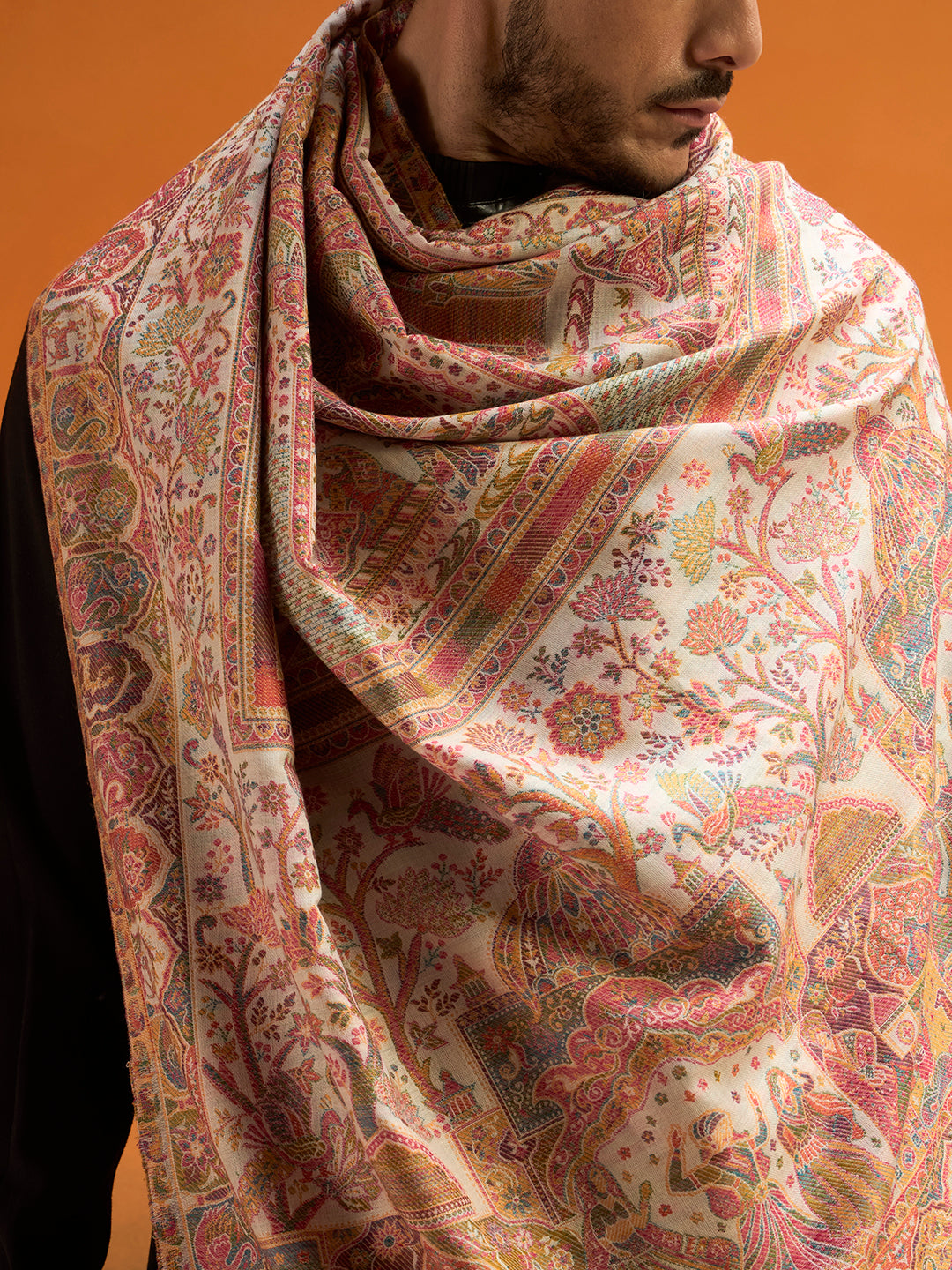 Pashmoda Men Shahi Manzar Fine Wool Kaani Shawl, Authentic Kashmiri Pashmina Style Wrap, Medium Gents Lohi, Traditional Jamawar Woven Design, Gift Box Packed, White Colour (40 x 80 Inches)