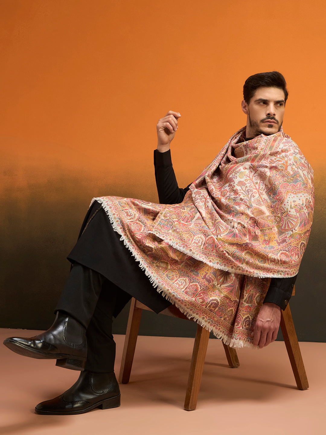 Pashmoda Men Shahi Manzar Fine Wool Kaani Shawl, Authentic Kashmiri Pashmina Style Wrap, Medium Gents Lohi, Traditional Jamawar Woven Design, Gift Box Packed, White Colour (40 x 80 Inches)