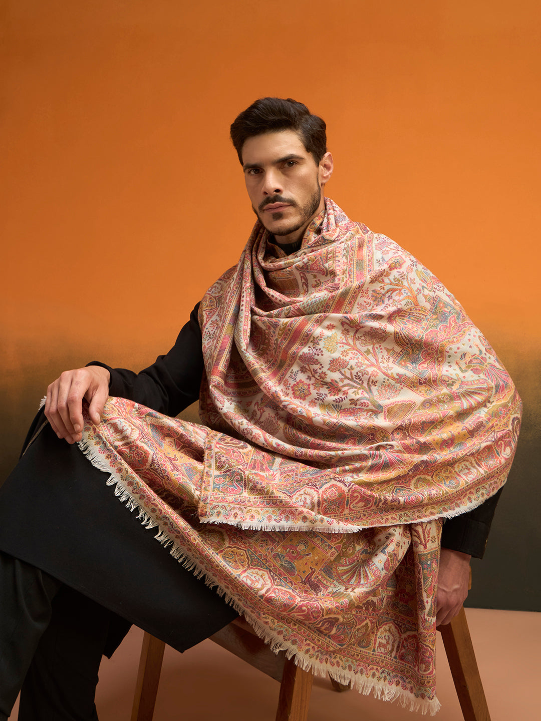 Pashmoda Men Shahi Manzar Fine Wool Kaani Shawl, Authentic Kashmiri Pashmina Style Wrap, Medium Gents Lohi, Traditional Jamawar Woven Design, Gift Box Packed, White Colour (40 x 80 Inches)