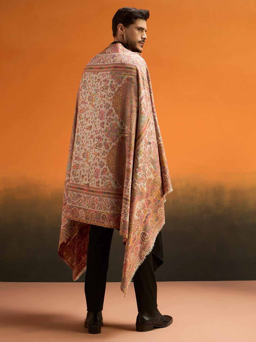 Pashmoda Men Shahi Manzar Fine Wool Kaani Shawl, Authentic Kashmiri Pashmina Style Wrap, Medium Gents Lohi, Traditional Jamawar Woven Design, Gift Box Packed, White Colour (40 x 80 Inches)