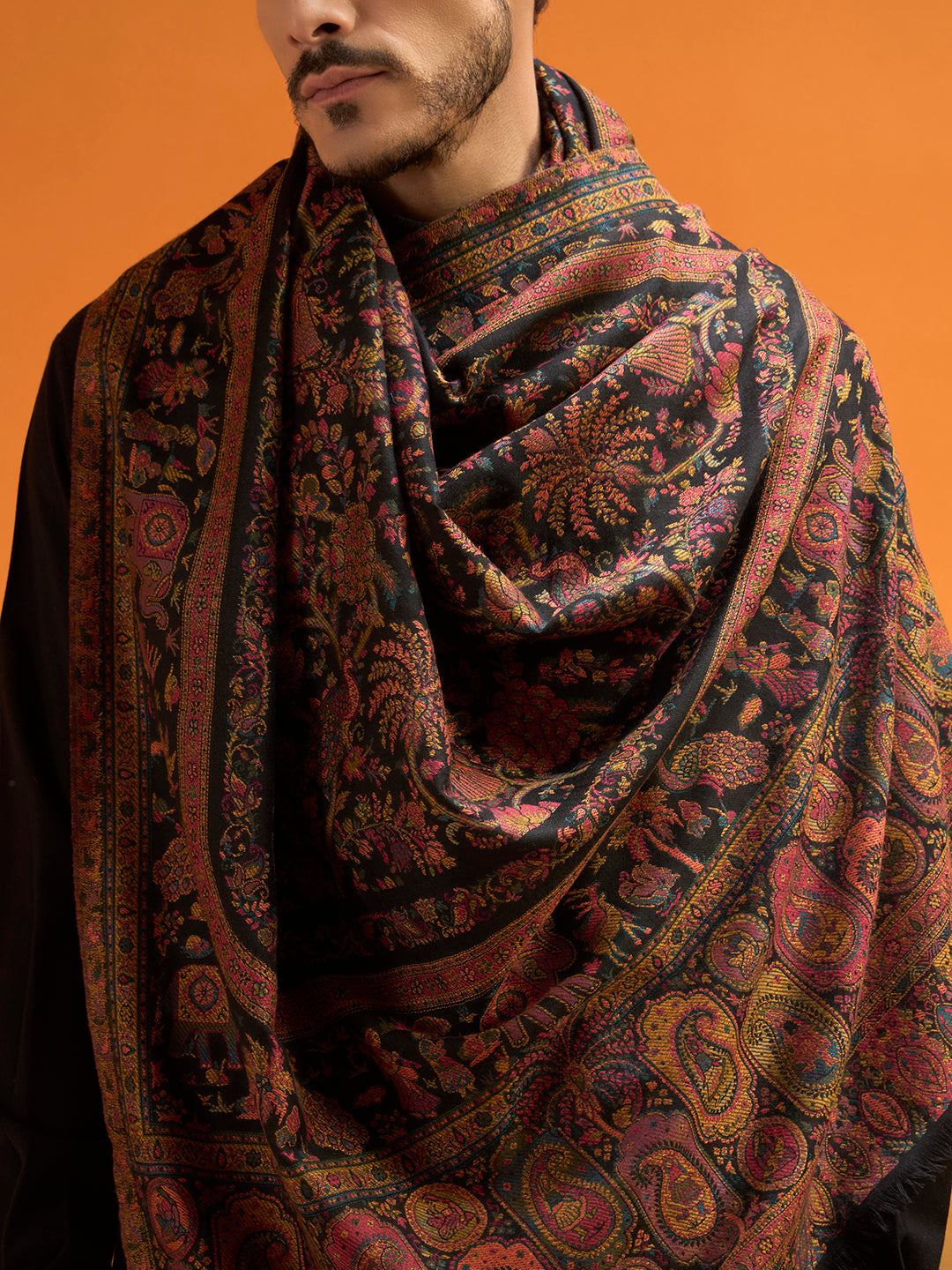Pashmoda Men Kaani Orchard Fine Wool Kaani Shawl, Authentic Kashmiri Pashmina Style Wrap, Medium Gents Lohi, Traditional Jamawar Woven Design, Gift Box Packed, Black Colour (40 x 80 Inches)