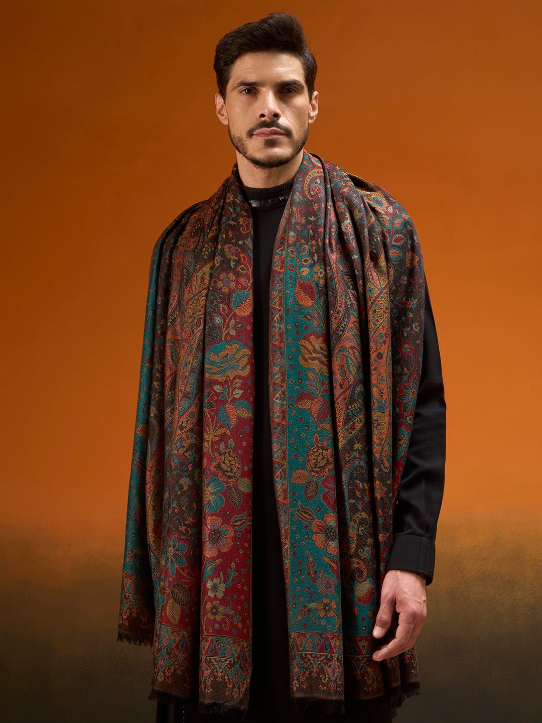 Pashmoda Men Grand Paisley Kaani Shawl, Authentic Kashmiri Pashmina Style Wrap, Medium Gents Lohi, Traditional Jamawar Woven Design, Gift Box Packed, Black Colour (40 x 80 Inches)