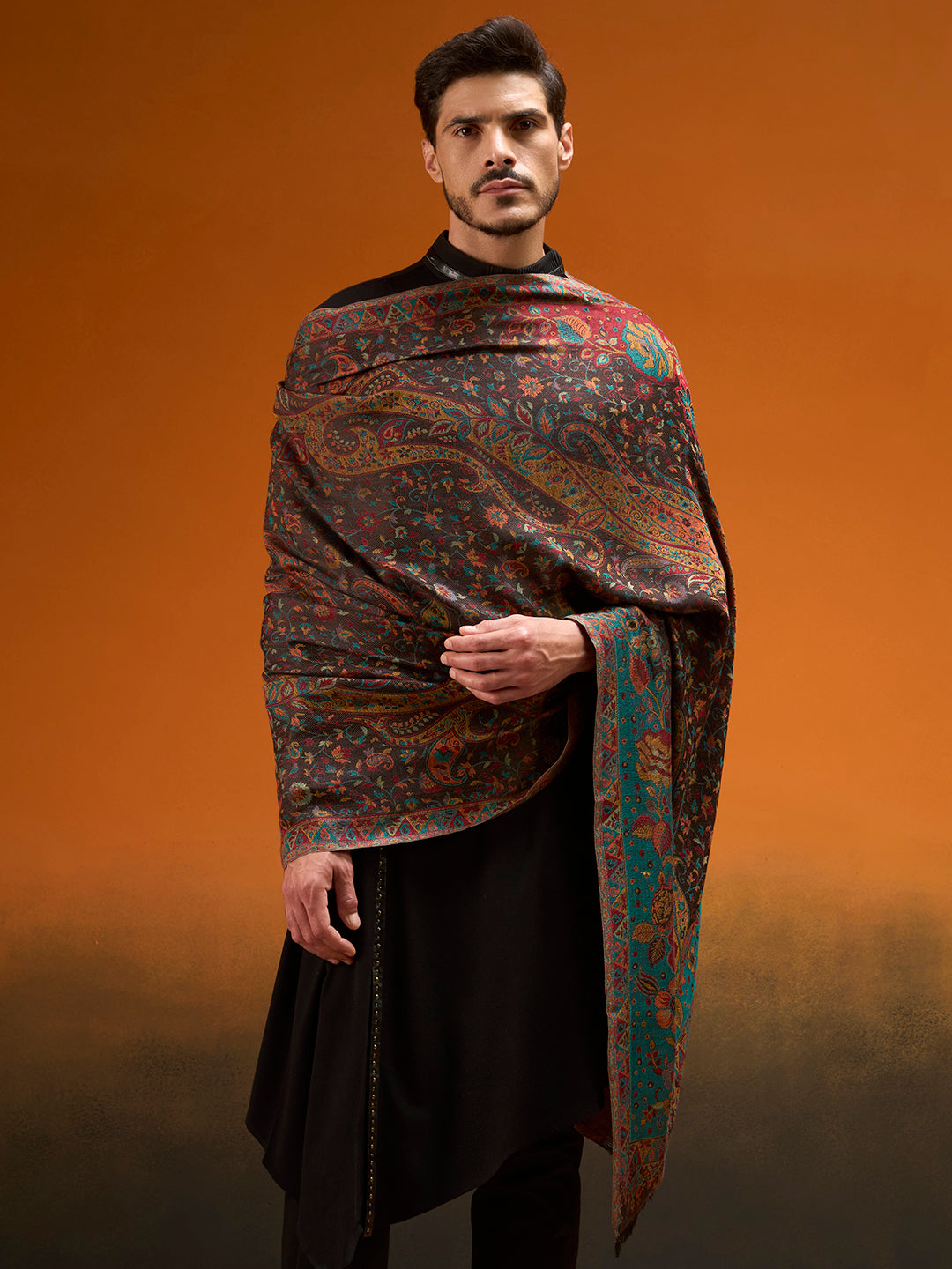 Pashmoda Men Grand Paisley Kaani Shawl, Authentic Kashmiri Pashmina Style Wrap, Medium Gents Lohi, Traditional Jamawar Woven Design, Gift Box Packed, Black Colour (40 x 80 Inches)