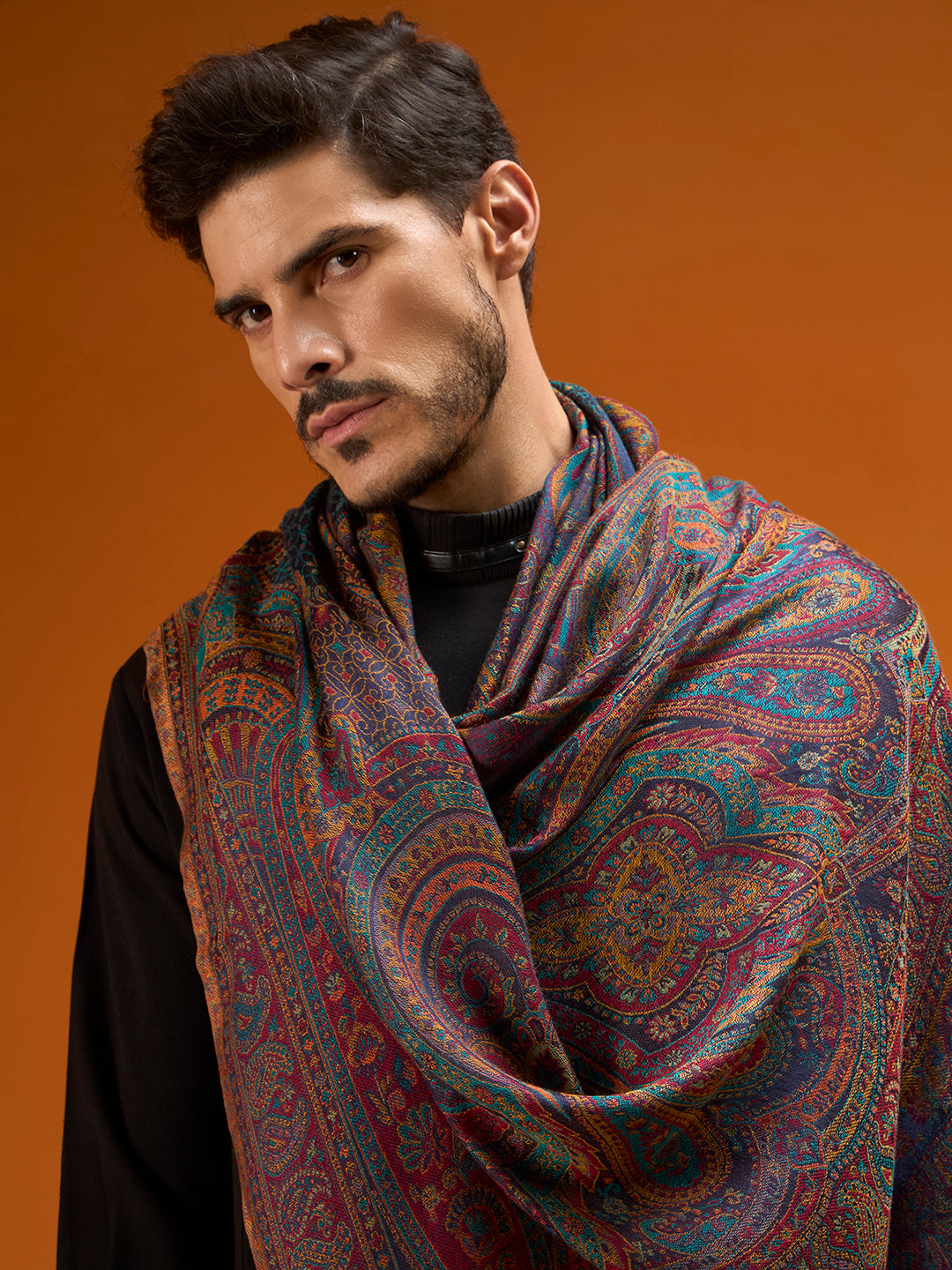Pashmoda Men Grand Paisley Kaani Shawl, Authentic Kashmiri Pashmina Style Wrap, Medium Gents Lohi, Traditional Jamawar Woven Design, Gift Box Packed, Navyblue Colour (40 x 80 Inches)