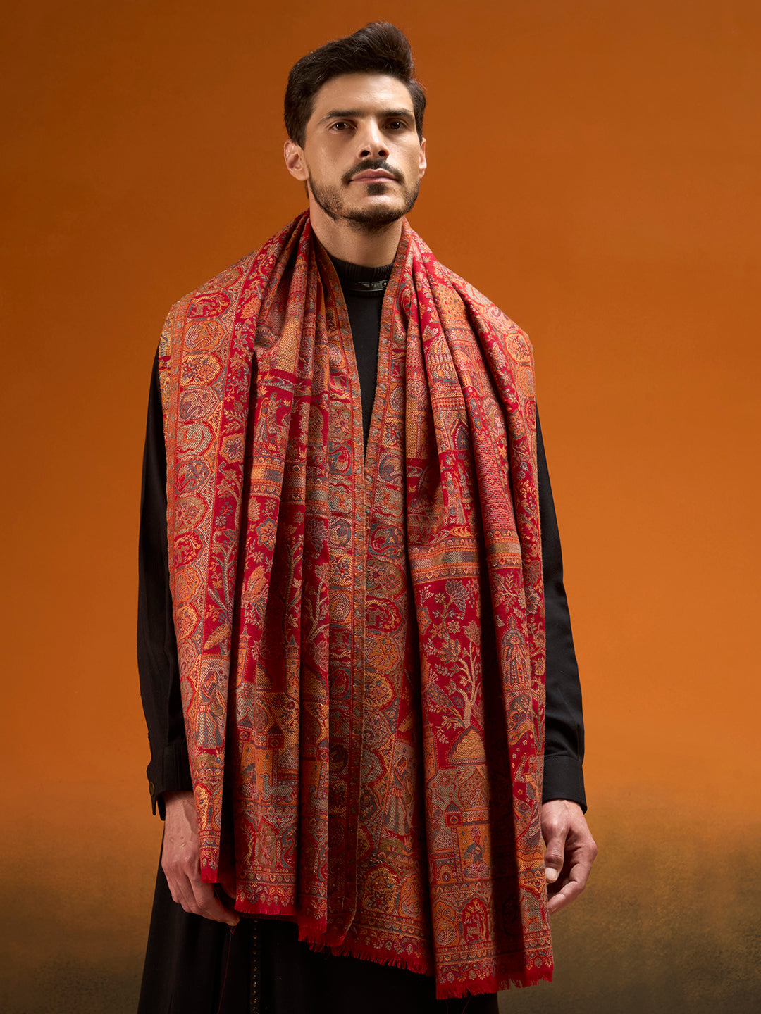 Pashmoda Men Shahi Manzar Fine Wool Kaani Shawl, Authentic Kashmiri Pashmina Style Wrap, Medium Gents Lohi, Traditional Jamawar Woven Design, Gift Box Packed, Maroon Colour (40 x 80 Inches)