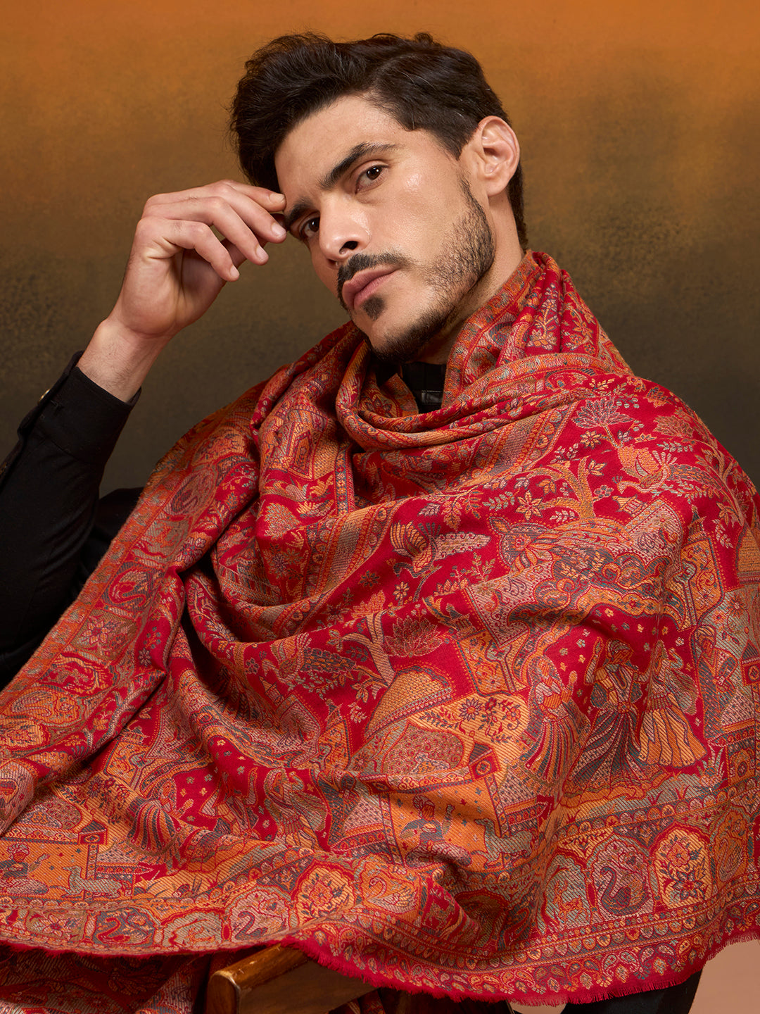 Pashmoda Men Shahi Manzar Fine Wool Kaani Shawl, Authentic Kashmiri Pashmina Style Wrap, Medium Gents Lohi, Traditional Jamawar Woven Design, Gift Box Packed, Maroon Colour (40 x 80 Inches)