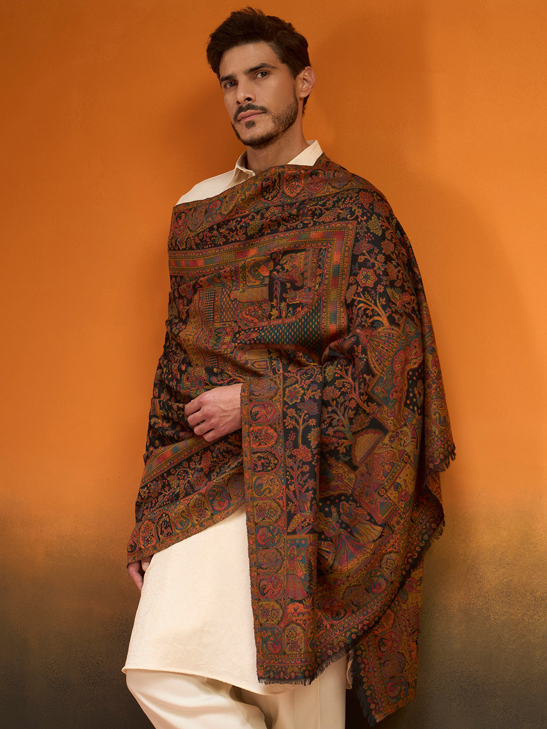 Pashmoda Men Shahi Manzar Fine Wool Kaani Shawl, Authentic Kashmiri Pashmina Style Wrap, Medium Gents Lohi, Traditional Jamawar Woven Design, Gift Box Packed, Black Colour (40 x 80 Inches)