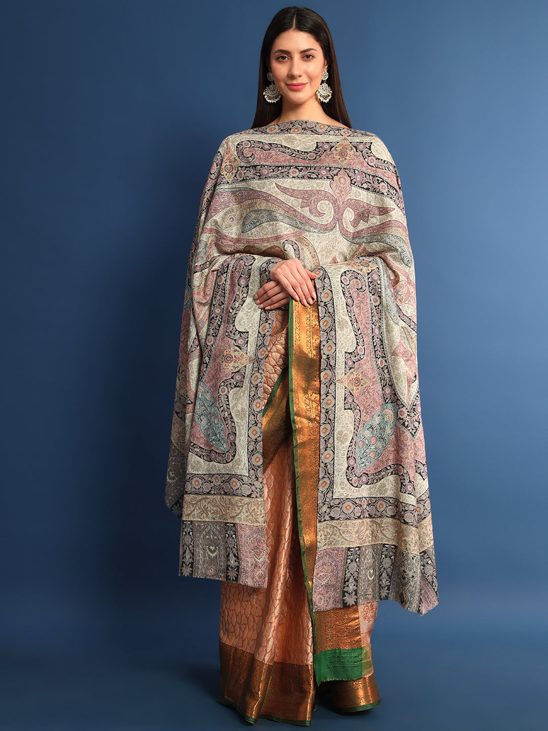 Women Safa Fine Wool Fabric Pashmina Kalamkari Embroidered Shawl (Size: 115x230 CM)