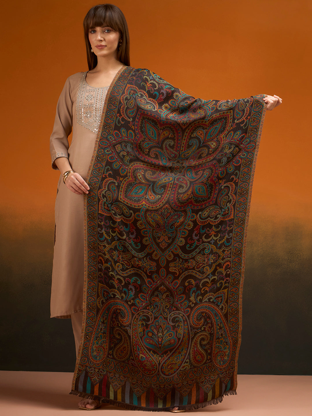 Pashmoda  Imperial Ambi Kaani Stole for Women, Wool Blend Pashmina Style Shawl Wrap, Traditional Kashmiri Jamawar Woven Design, Luxury Evening & Festive Scarf (28 x 80 Inches)