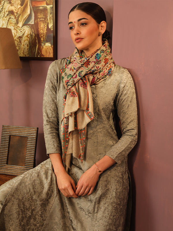 Pure Wool Kalamkari Print and Aari Embroidery Shawl (Size: 101X203 CM)