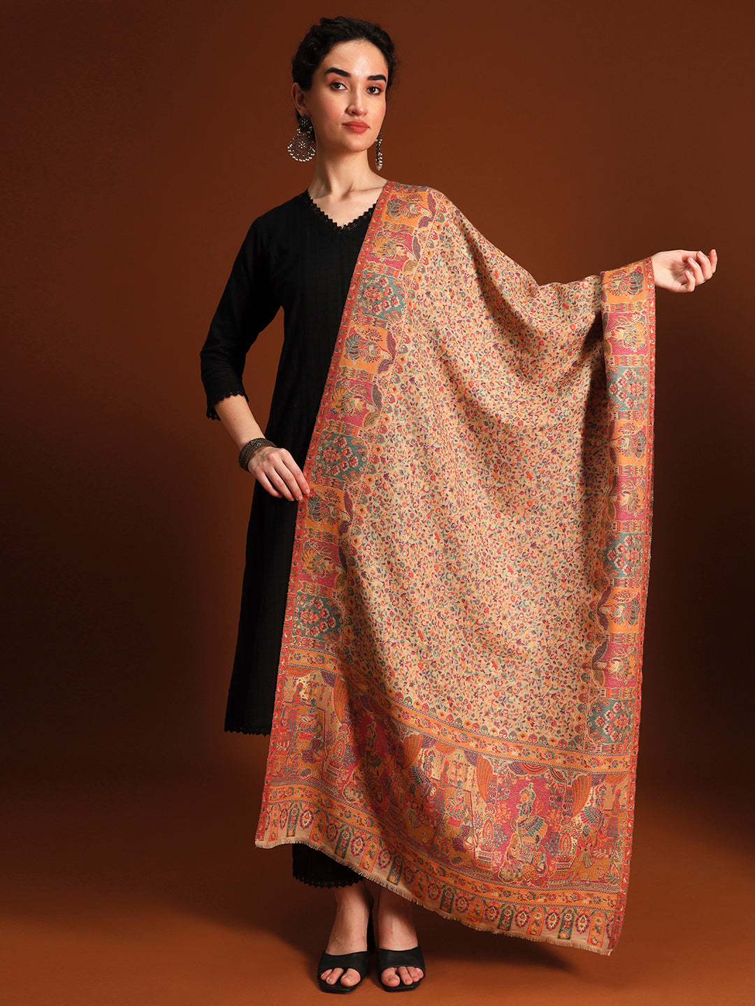 Pashmoda  Imperial Persian Court kaani stole Stole for Women, Wool Blend Pashmina Style Shawl Wrap, Traditional Kashmiri Jamawar Woven Design, Luxury Evening & Festive Scarf (28 x 80 Inches)