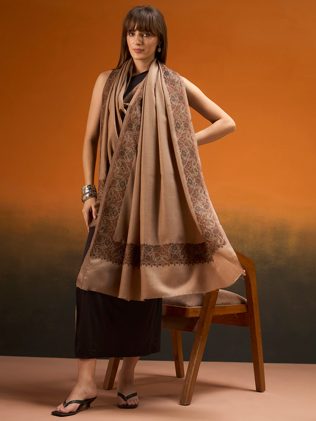 Women Nafeesah Fine Wool Sozni Hand Embroidered Shawl
