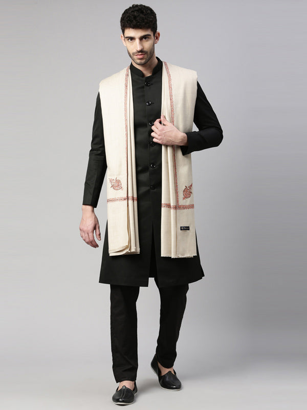 Men Hashiya Embroidered Woollen Shawl (Size 127X254 CM, Beige Color)