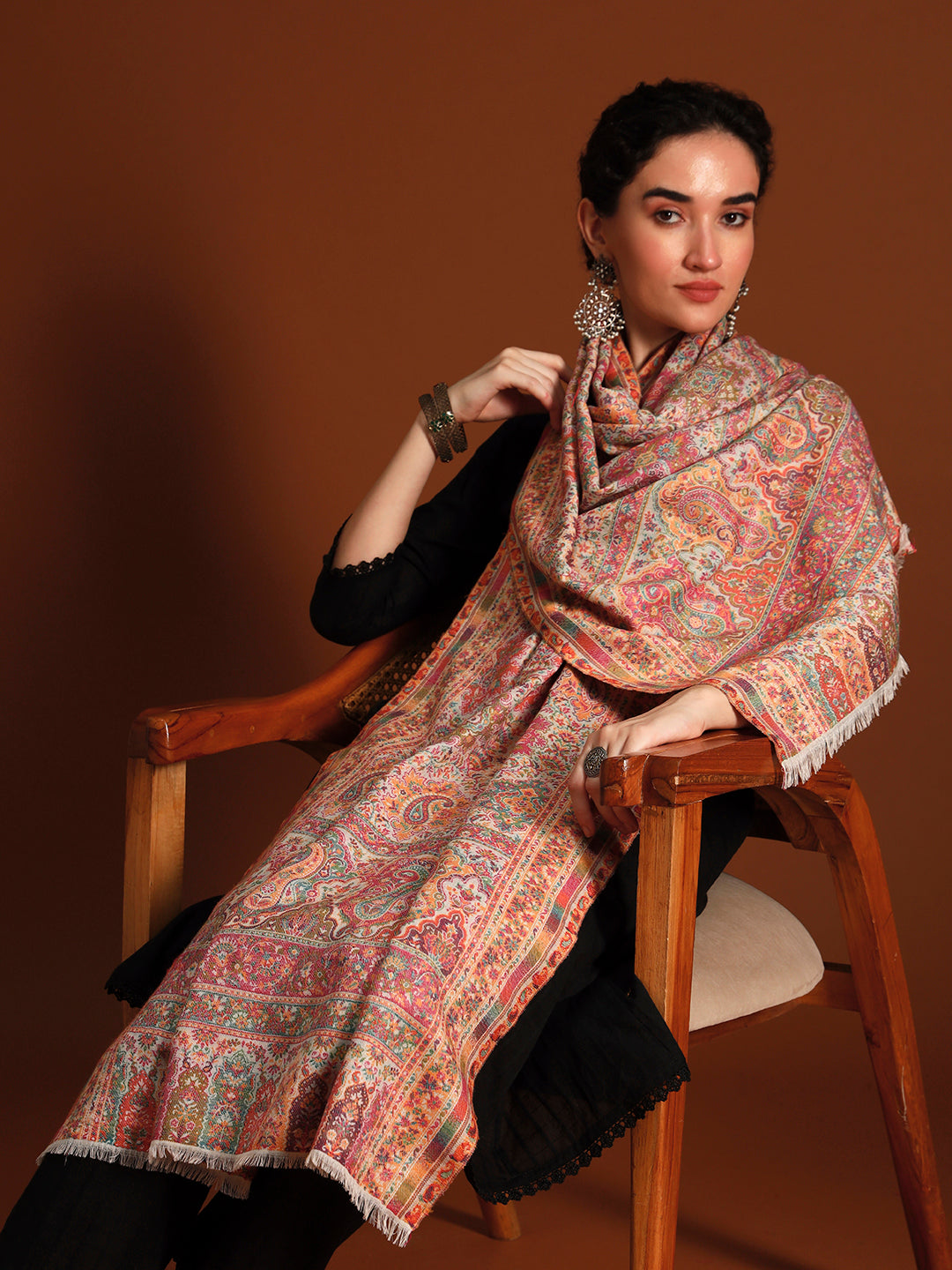 Pashmoda Imperial Shahkaar Gulistan kaani stole Stole for Women, Wool Blend Pashmina Style Shawl Wrap, Traditional Kashmiri Jamawar Woven Design, Luxury Evening & Festive Scarf (28 x 80 Inches)
