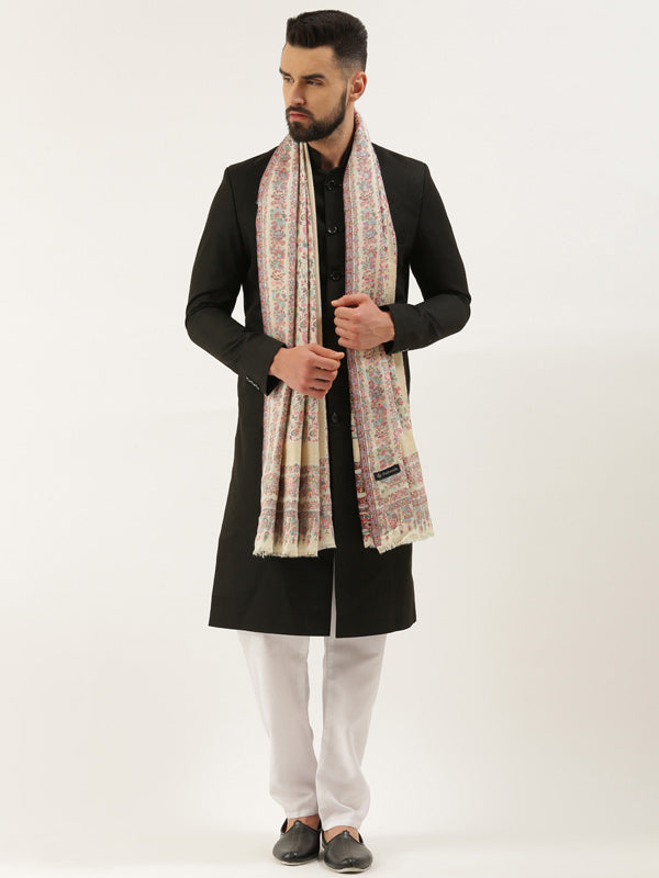 Men Kaani Stole with Zari Weave, Authentic Kashmiri Luxury Pashmina Style Stole, Full Size Gents Lohi, Size 72X208 CM, White Color