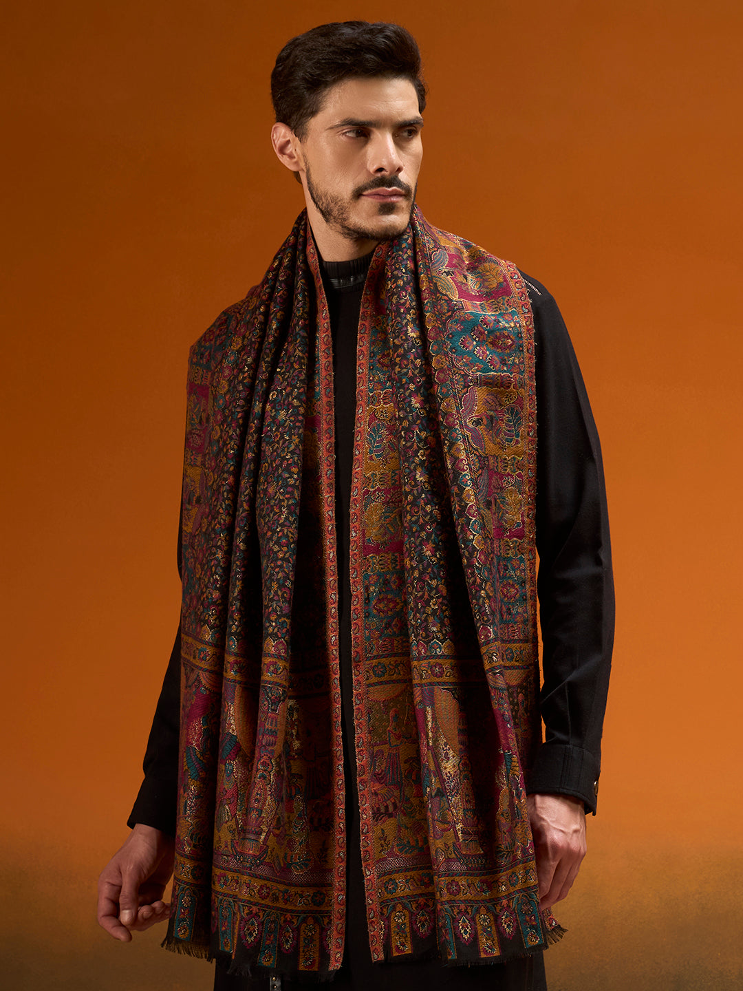 Pashmoda Men Persian Court Kaani Stole, Authentic Kashmiri Pashmina Style Wool Shawl, Gents Lohi Wrap, Traditional Jamawar Woven Design, Black Colour (28 x 80 Inches)