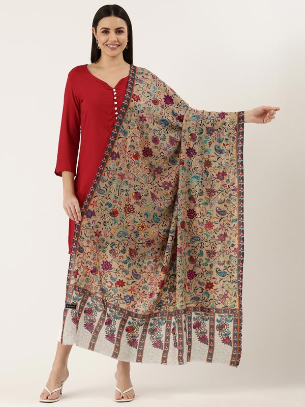 Pure Wool Kalamkari Print and Aari Embroidery Shawl (Size: 101X203 CM)