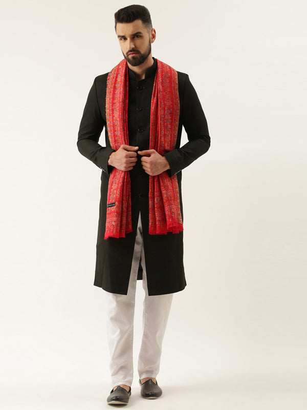 Men Kaani Stole with Zari Weave, Authentic Kashmiri Luxury Pashmina Style Stole, Full Size Gents Lohi, Size 72X208 CM, Red Color