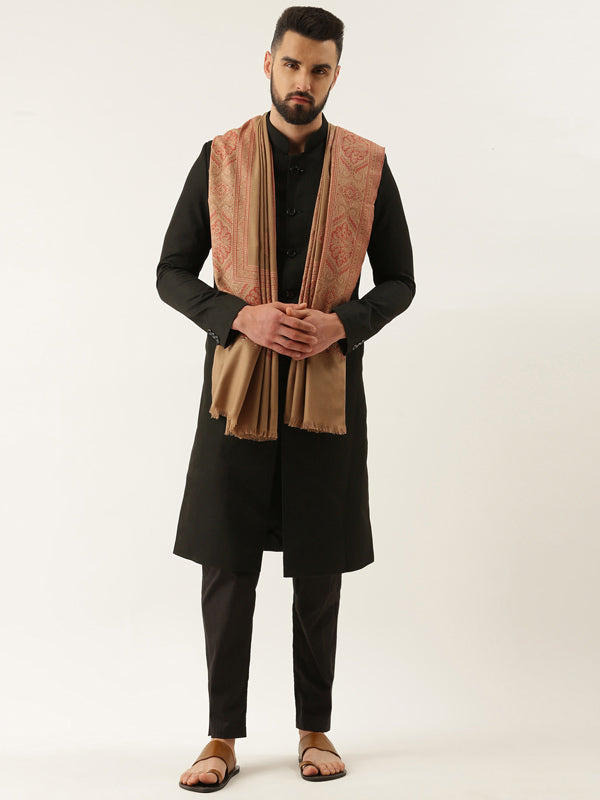 Men Jamawar Shawl, Authentic Kashmiri Luxury Pashmina Style Shawl, Size: 101x203 CM, Beige Color