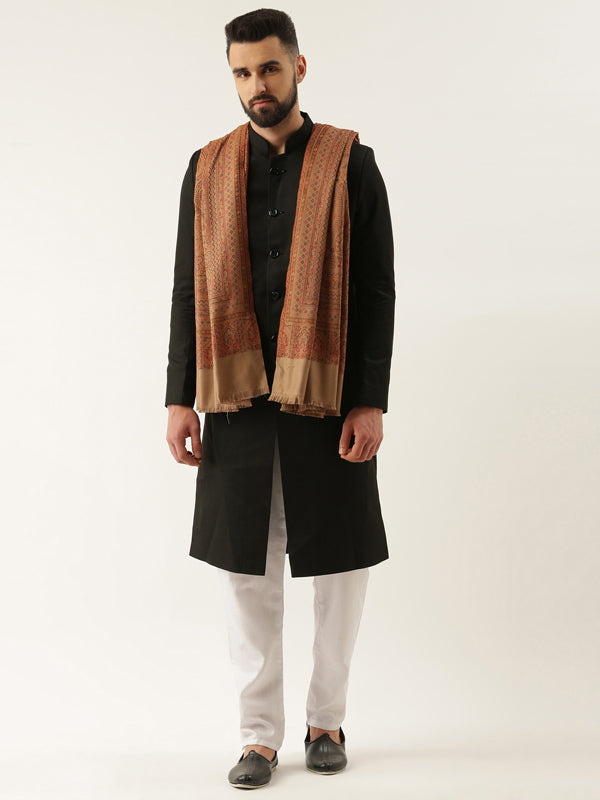 Men Jamawar Shawl, Authentic Kashmiri Luxury Pashmina Style Shawl Size: 101x203 CM, Beige Color