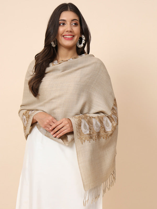 Women Beige Crystal Embellished Embroidered Stole (Size 71X203 CM)