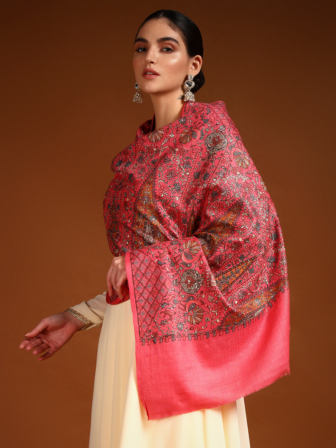 Pashmoda Women Nafeesah 100% Pure Wool Sozni Hand Embroidered Stole (Size-71x203cm)