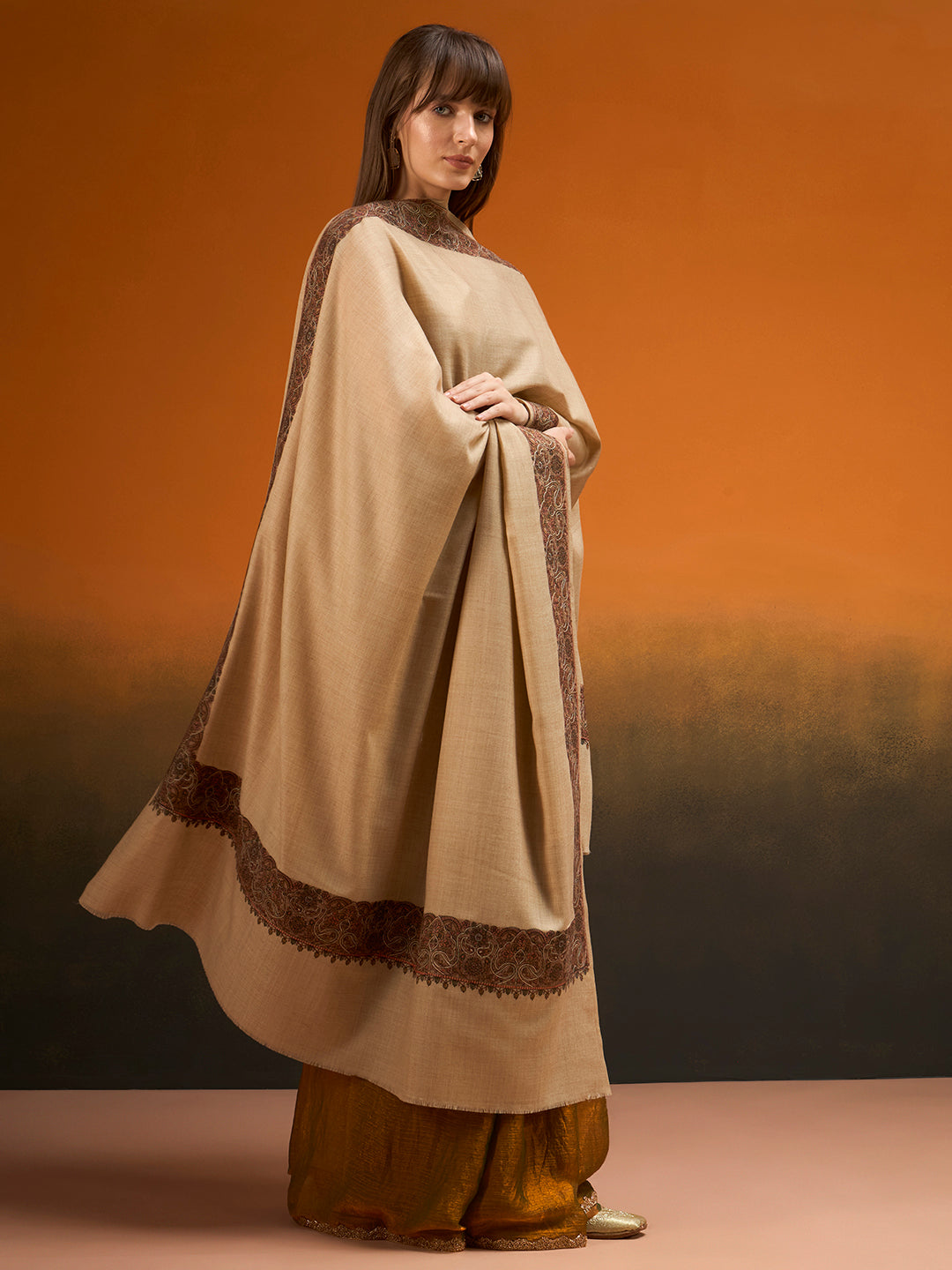 Women Nafeesah Fine Wool Sozni Hand Embroidered Shawl