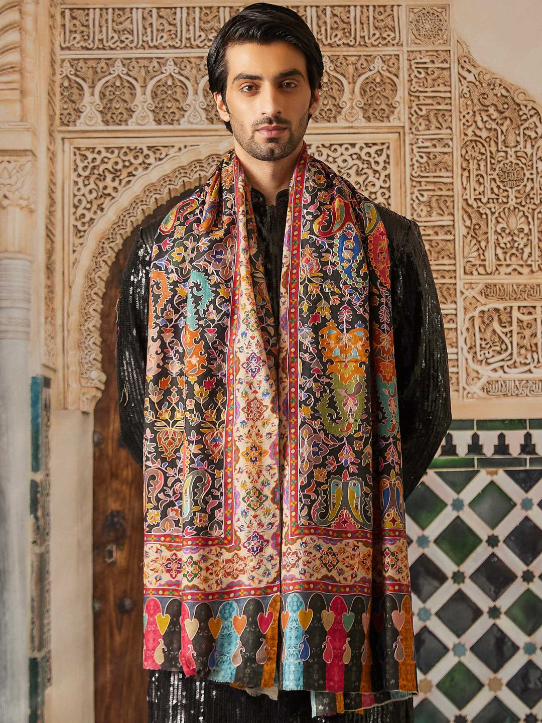 Pashmoda Men Fine Wool Kalamkari Embroidered Shawl (Size  101x203 Cm)