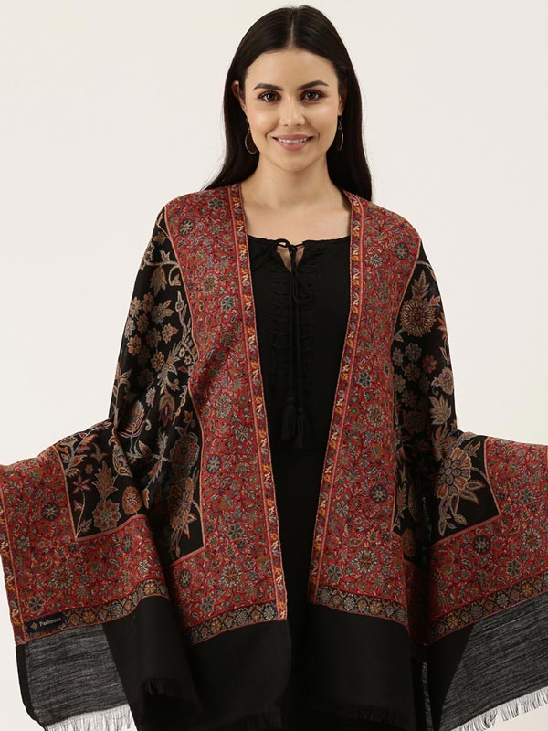 Women's Kaani Wool Blend Kashmiri Mughal Garden Stole (Size 71X203 CM)