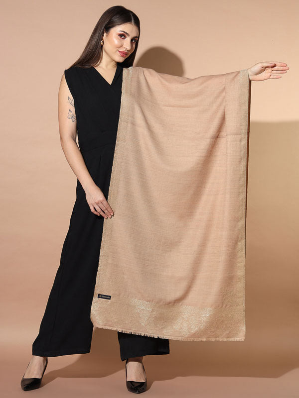 Women Beige Woven Design Jamawar Stole (Size 71X203 CM)