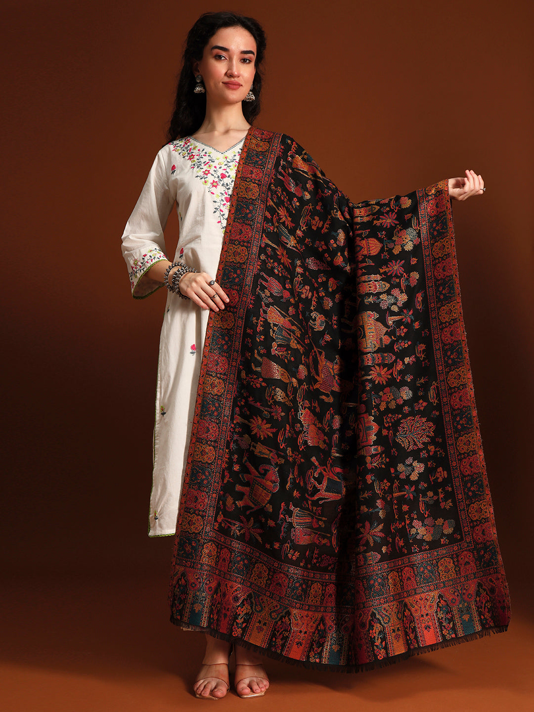 Pashmoda Women Gulrukh Zari Reversible Kaani Fine Wool Shawl, Shawl, Scarf, Heritage Kashmiri Pashmina Stole, Evening Wrap (Size 40X80 inches)